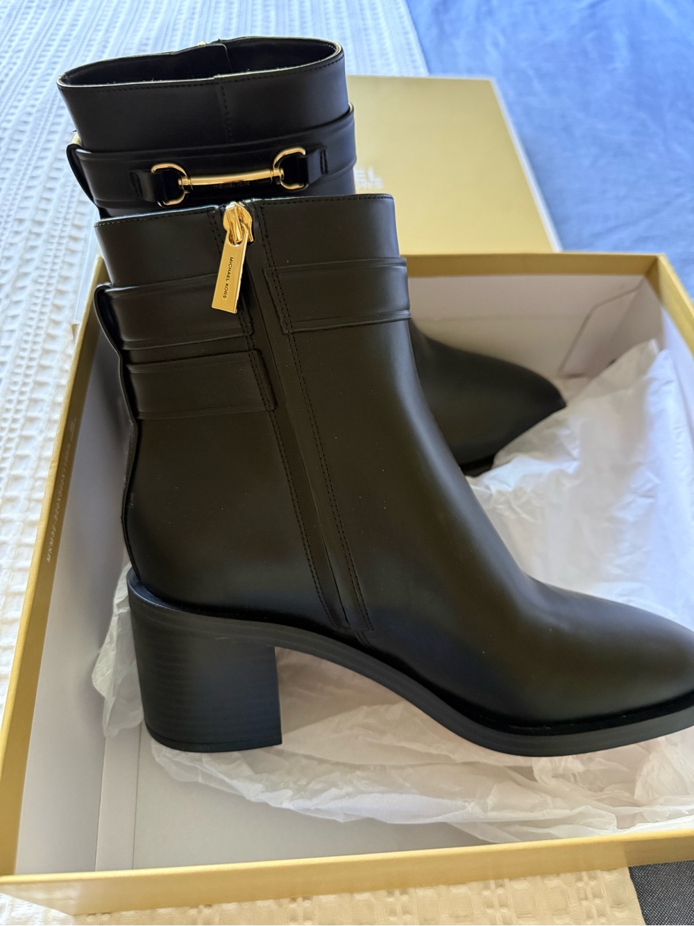 Michael Kors Black Leather Ankle Booties with Gold Horsebit - Picture 3 of 4